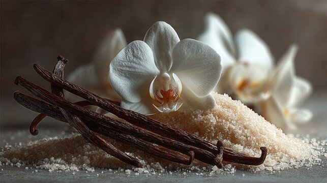 Vanilla sticks arranged on sugar grains with orchid flower accent aromatic dessert ingredient