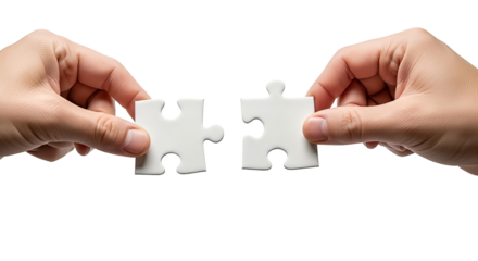 Two hands holding puzzle pieces connecting jigsaw parts Isolated on transparent background, png