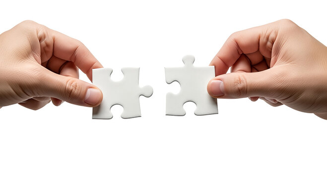 Two hands holding puzzle pieces connecting jigsaw parts Isolated on transparent background, png