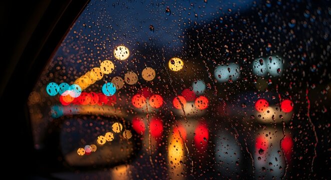 Raindrops on car window, blurred city lights bokeh, dark night