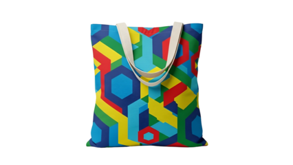 Reusable fabric bag displays vibrant geometric pattern against a dark background