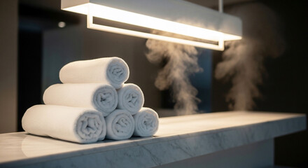 Luxurious spa setting with a stack of clean white rolled towels and relaxing steam on a counter