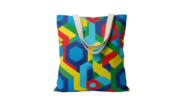 Reusable fabric bag displays vibrant geometric pattern against a dark background