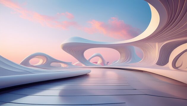 surreal futuristic architecture with flowing white curves and soft pastel sky