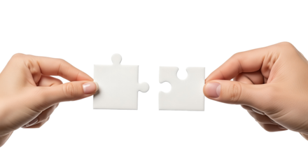 Hands connecting two white puzzle pieces symbolizing teamwork and problem-solving Isolated on transparent background, png
