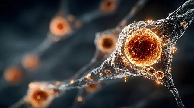 Microscopic view of glowing neurons in a dark neural network structure. - Powered by Adobe