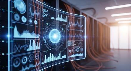 Futuristic interface displaying data visualizations and AI symbol in a server room with racks and cables.