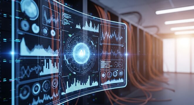 Futuristic interface displaying data visualizations and AI symbol in a server room with racks and cables.
