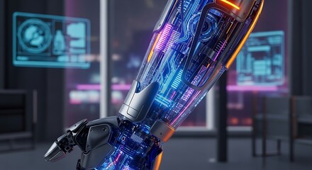 A futuristic robotic arm with visible internal mechanisms and glowing lights, displayed in a modern, blurred interior setting.