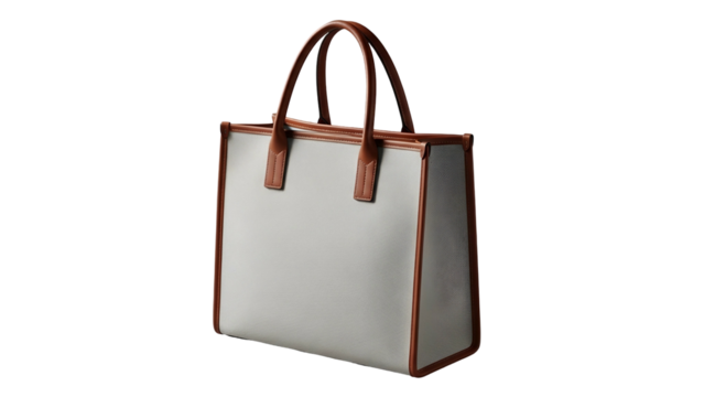 Rectangular tote bag featuring contrasting leather trim and handles against a dark background