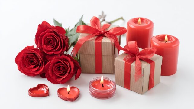 Romantic valentine's day setup with red roses, heart-shaped gift boxes, and lit candles on a clean white background for love celebration and festive decoration - Powered by Adobe