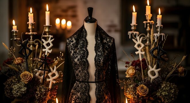 Rustic Aesthetic Lace Garment on Mannequin with Candles - Elegant and Moody Scene