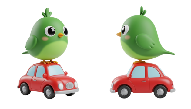 Cute green bird standing on toy car isolated on transparent background PNG