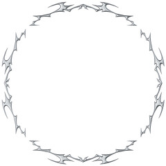 Chrome neo tribal circle frame. Metallic Y2K spiked flame ornament with glossy silver finish and symmetrical futuristic design. Render transparent background
