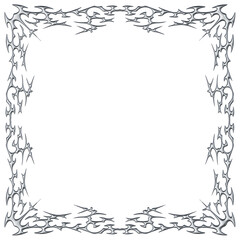 Chrome neo tribal square frame. Metallic symmetrical Y2K spiked lines and flame tattoo ornament with glossy silver texture. Render transparent background
