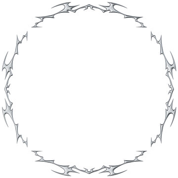 Chrome neo tribal circle frame. Metallic Y2K spiked flame ornament with glossy silver finish and symmetrical futuristic design. Render transparent background