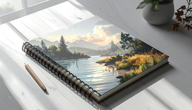 Scenic watercolor painting of a serene river and mountain landscape depicted on a spiral-bound journal