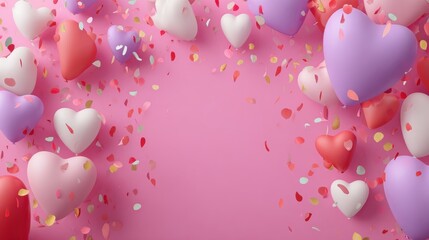 Romantic valentine's day celebration background with red heart-shaped balloons, festive confetti, and cozy decorative elements for love-themed events