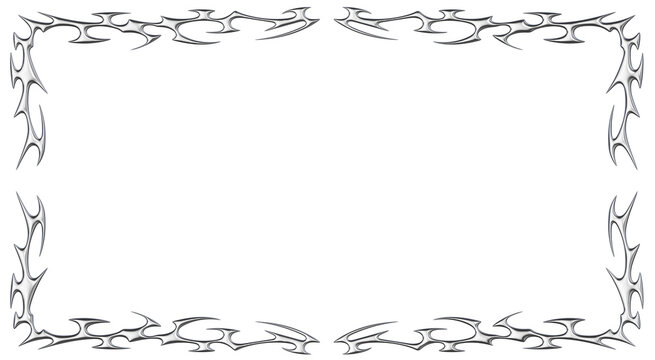 Chrome neo tribal frame border. Metallic symmetrical Y2K spiked lines and flame tattoo ornament in glossy silver style. Render transparent background