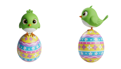 Cute green bird standing on Easter egg isolated on transparent background PNG