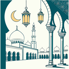 Traditional islamic architecture featuring a mosque with domes and minarets illuminated by hanging lanterns and a crescent moon