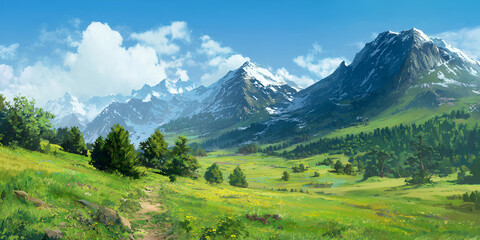 Fototapeta premium Peaceful Valley Beneath the Peaks