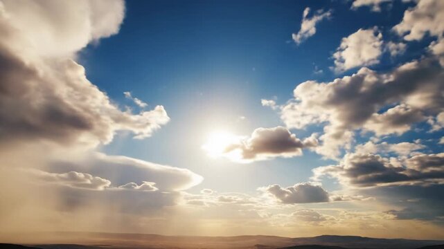 Timelapse of dark clouds breaking apart to reveal blue sky and sunshine; light rays streaming dramatically through the gaps; hope and renewal theme, cinematic contrast.
