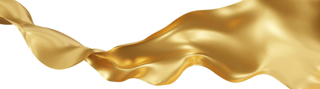 Flying golden silk textile fabric flag background. Smooth elegant gold Satin Isolated on white Background for grand opening ceremony. Golden curtain. 3d png illustration