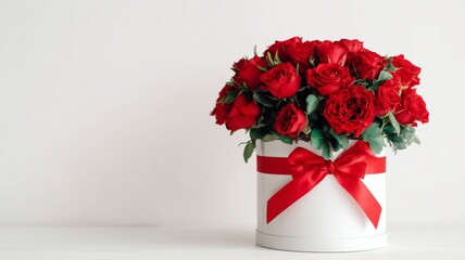 Large bouquet of fresh red roses in a white gift box with red ribbon on white background for valentine's day romantic gift and love celebration
