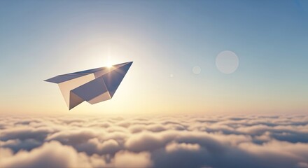 Symbolic paper airplane soaring gracefully above soft clouds during a breathtaking sunrise symbolizing new beginnings, dreams, and boundless possibilities for adventure and innovation.