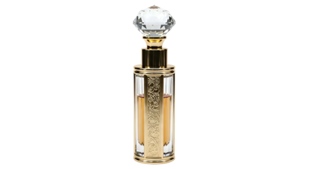 Ornate golden perfume bottle topped with a faceted crystal stopper is isolated against black