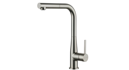 Modern kitchen sink faucet with a high arc spout shown against a dark background