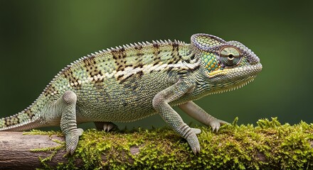 Fototapeta premium A close up view of a beautiful chameleon resting on a mossy branch in its natural habitat setting