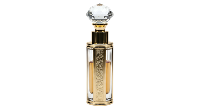 Ornate golden perfume bottle topped with a faceted crystal stopper is isolated against black