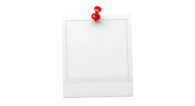 Blank instant photo frame with red push pin Isolated on transparent background, png perfect for mockups and presentations