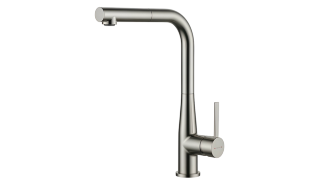 Modern kitchen sink faucet with a high arc spout shown against a dark background