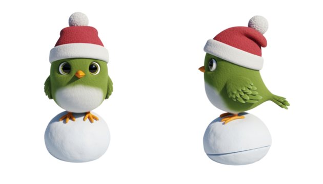 Cute green bird standing on snowball isolated on transparent background PNG - Powered by Adobe