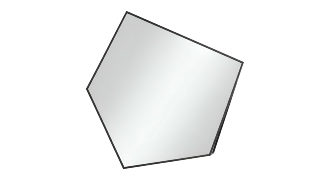 Reflective surface shaped like an irregular pentagon displayed against absolute darkness