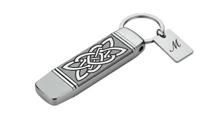 Sleek metal keepsake accessory featuring an engraved knot design and initial charm against a dark background