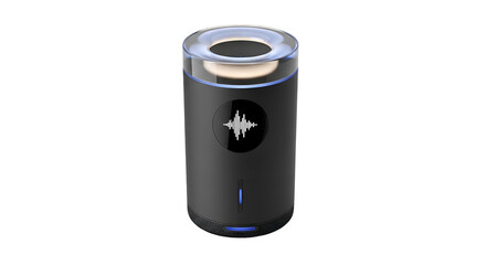 Cylindrical digital assistant device displays audio waveform illumination against a black background