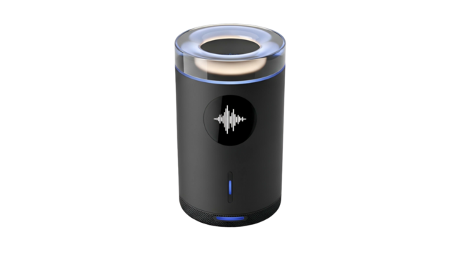 Cylindrical digital assistant device displays audio waveform illumination against a black background