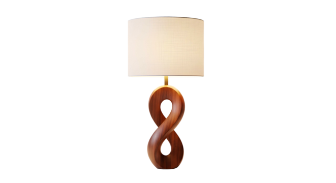 Illuminated table lighting fixture features an elegant, continuous wood base with an infinity shape