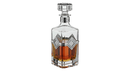 Luxurious crystal beverage container showcases amber liquid against a dark background