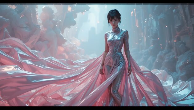 &ldquo;Futuristic fashion aesthetic 2026 &mdash; flowing metallic fabric, soft pink lighting, elegant composition&rdquo;
