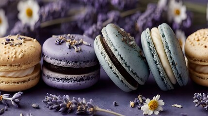 colorful tasty macaroon assortment and lavender flowers