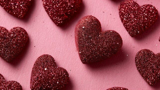 Glittering red hearts on soft pink background for valentine's day celebration, romantic love decorations with sparkling textures for greeting cards, banners, and festive holiday designs