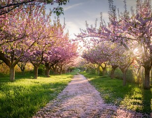 Naklejka premium a pathway through a lush orchard where pink blossoms canopy the trail sprinkling petals on the verdant grass below sunlight filters through the foliage serene walkway inviting a peaceful stroll