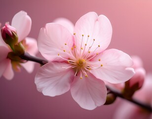 Obraz premium a single cherry blossom radiates against a soft pink backdrop highlighting its intricate details floral macro nature petal soft serene beauty delicate springtime bloom fresh botany