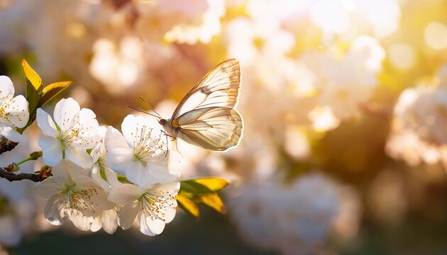 a translucent winged butterfly glows in the sunlight on a cluster of white cherry blossoms the light bokeh effect around the gentle scene delicate features of both butterfly and blooms
