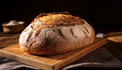 freshly baked loaf of artisan bread on a wooden board